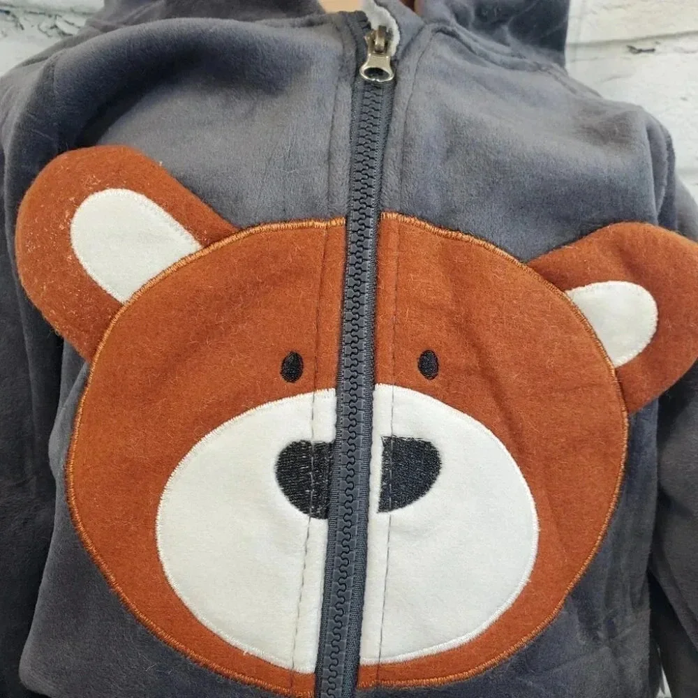 5T Toddler Grey Teddy Bear 2 piece Hoodie and Pants Velvet Outfit Set